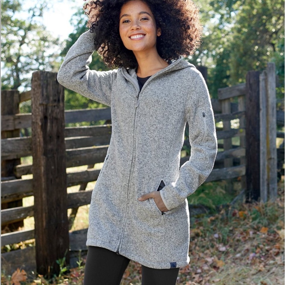 Women's L.L.Bean Sweater Fleece Coat 2 Way Zip Jacket Gray Long Hoodie, L Pet - Picture 1 of 11
